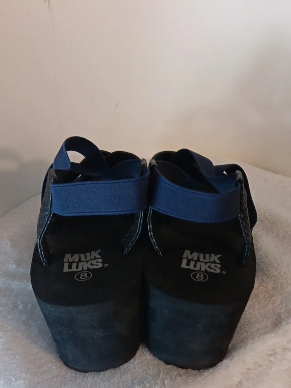 Muk Luks Navy and Black Wedge Sandals with Braided Straps